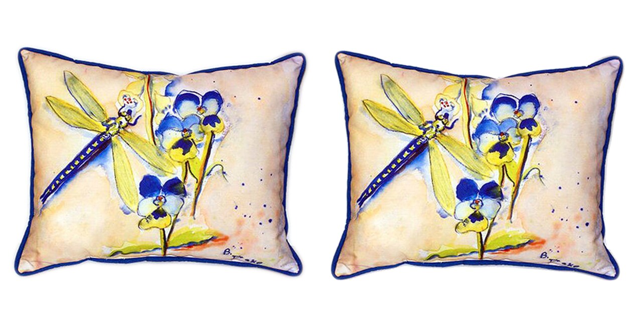 Pair of Betsy Drake Blue Dragonfly Large Indoor/Outdoor Pillows 16x20